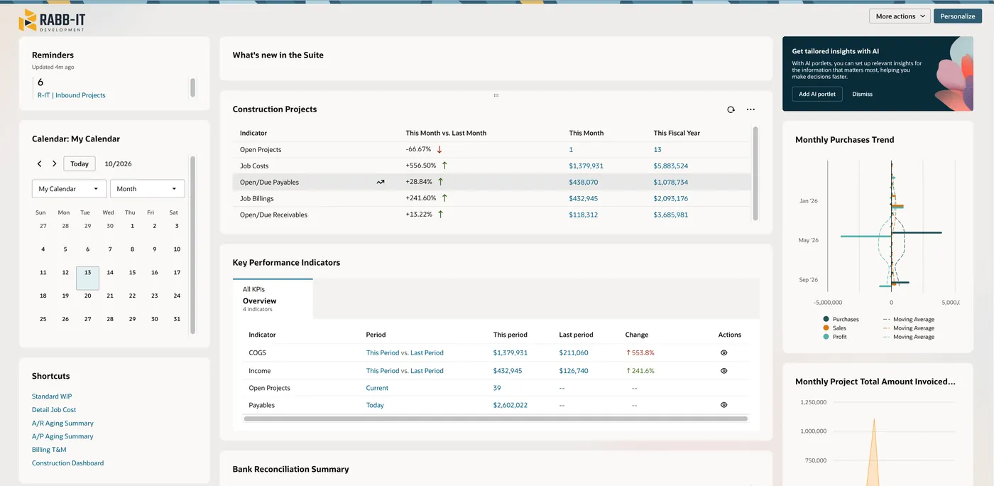 The Rabb-it construction dashboard inside NetSuite, showing project KPIs, payables, billings and shortcuts to WIP and job cost reports